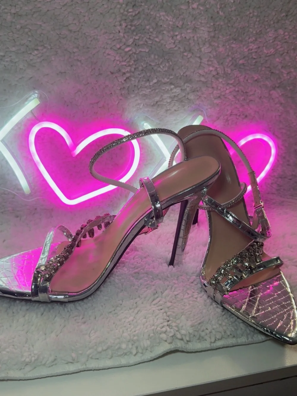 SHEIN Silver Crystal Embellished Strappy Stiletto Heels